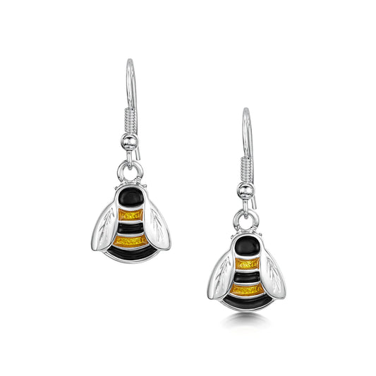 Polished silver bee drop earrings with black & yellow enamel and hook fixtures