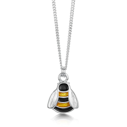 Polished silver bee pendant with black & yellow enamel on a silver chain