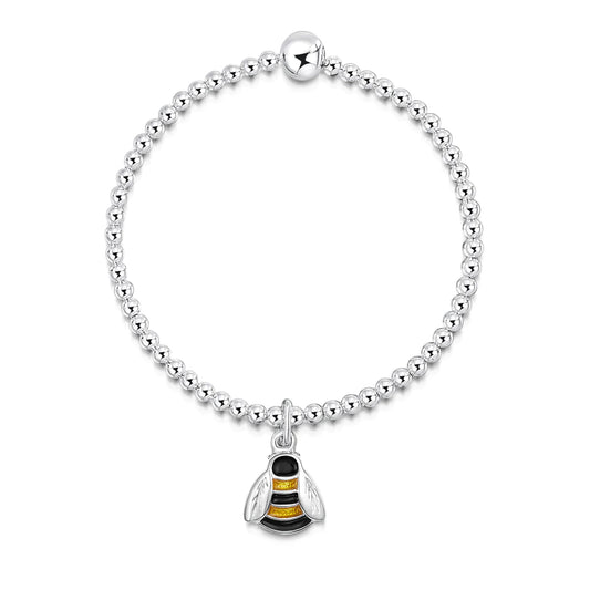 A silver beaded bracelet with a yellow and black enamel bee