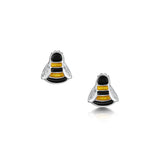 Polished silver bee stud earrings with black & yellow enamel