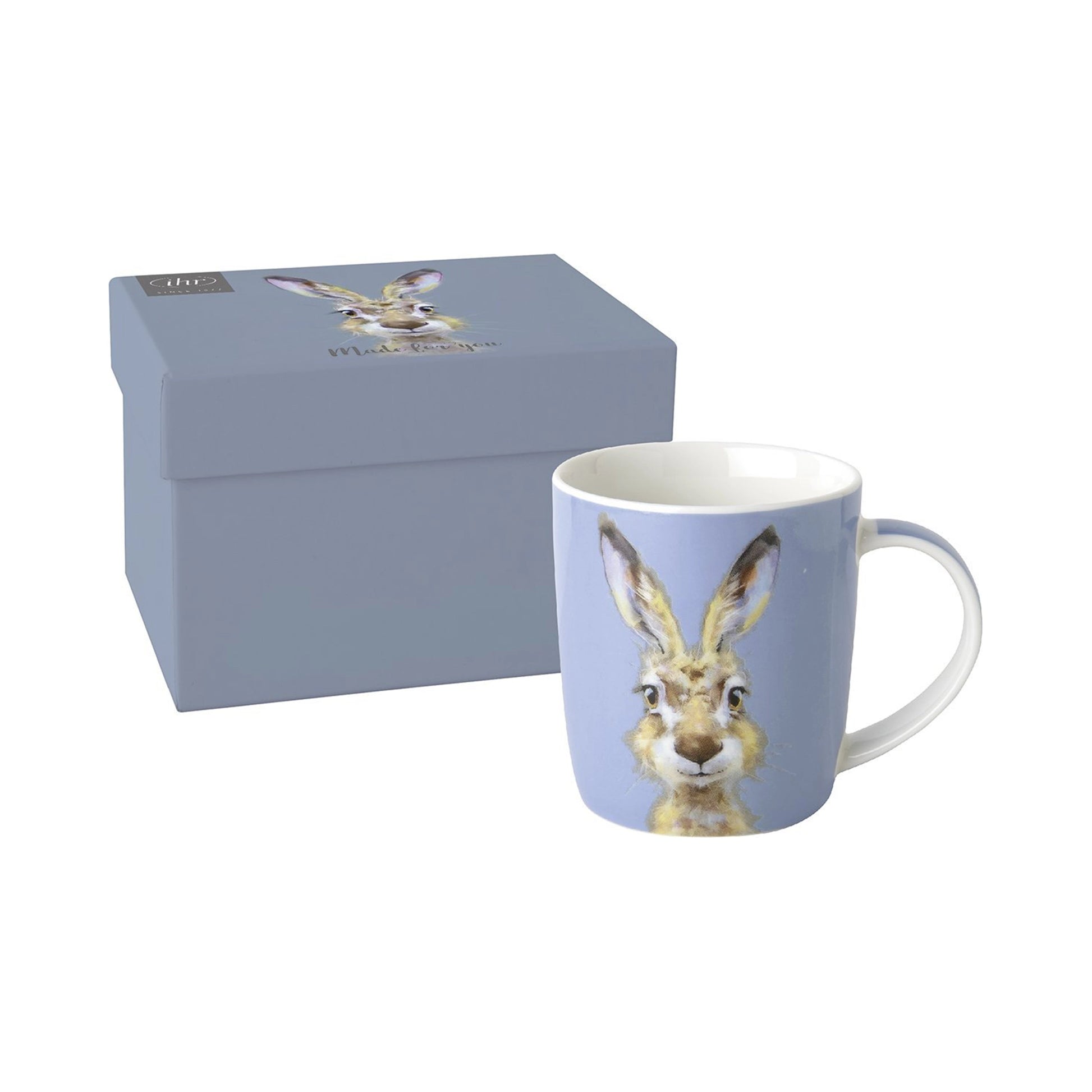 Cornflower blue porcelain mug with a rabbit design