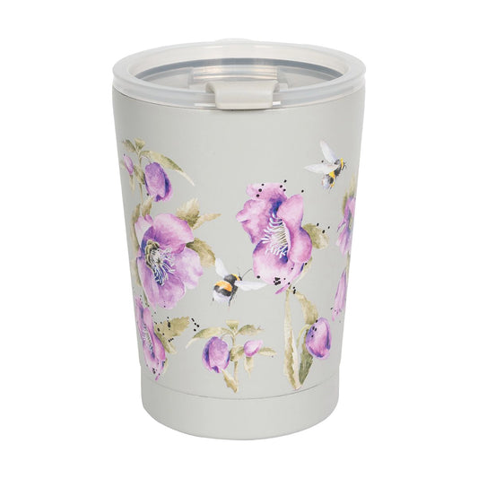 A grey thermal cup featuring illustrations of bees and purple flowers