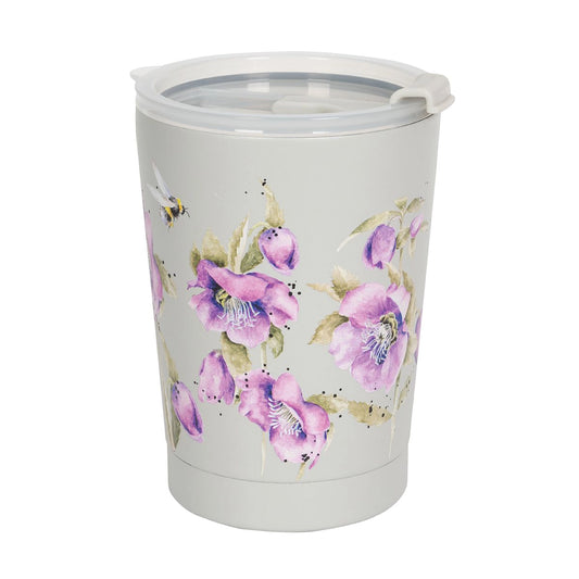 A grey thermal cup featuring illustrations of bees and purple flowers