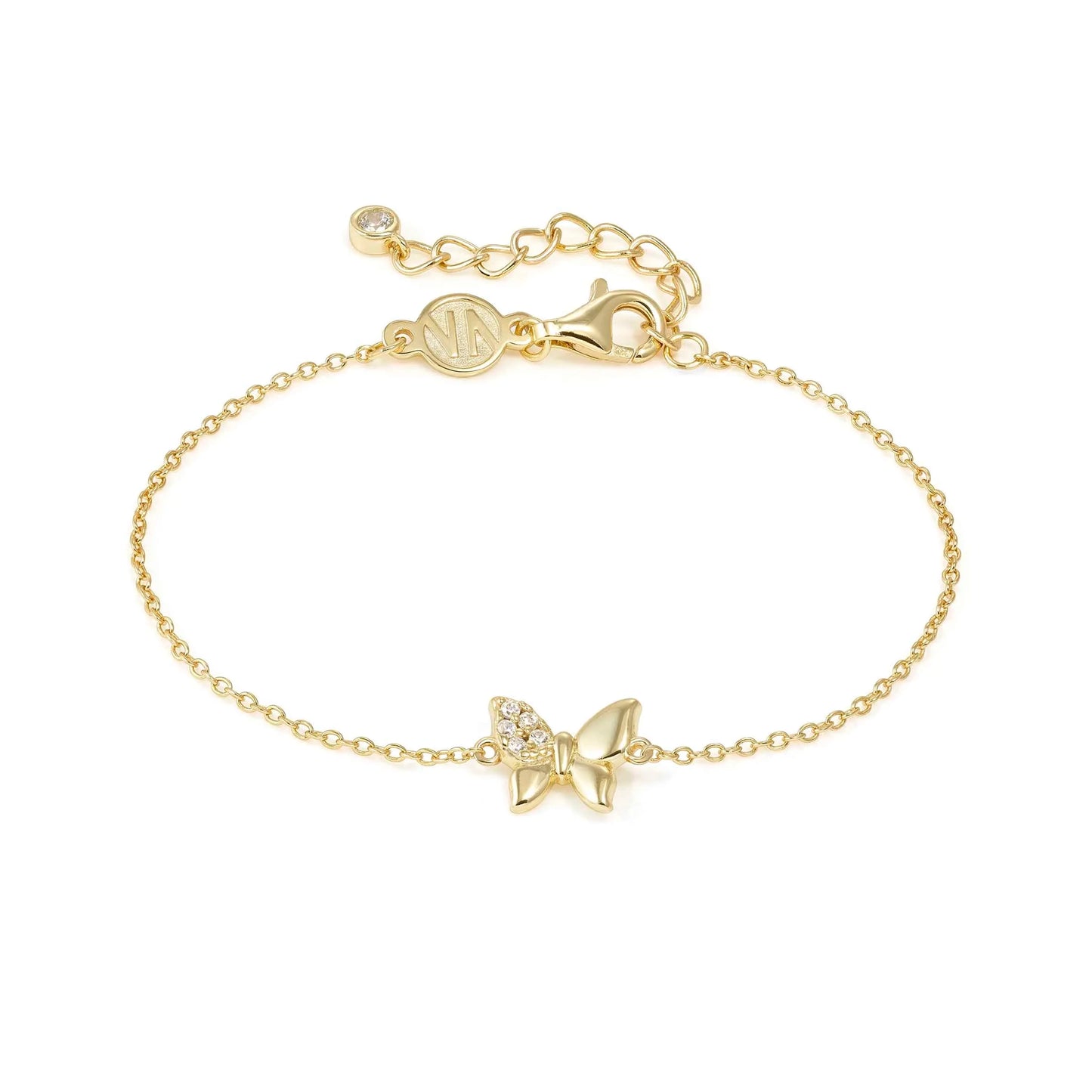 Gold chain bracelet with butterfly charm set with pave CZ stones on one wing
