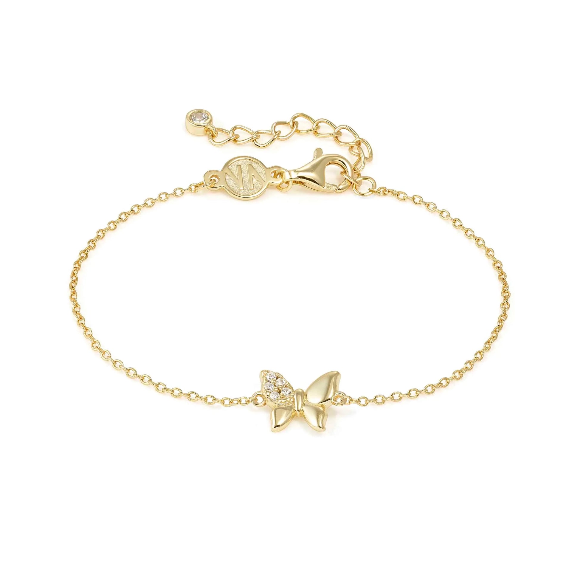 Gold chain bracelet with butterfly charm set with pave CZ stones on one wing