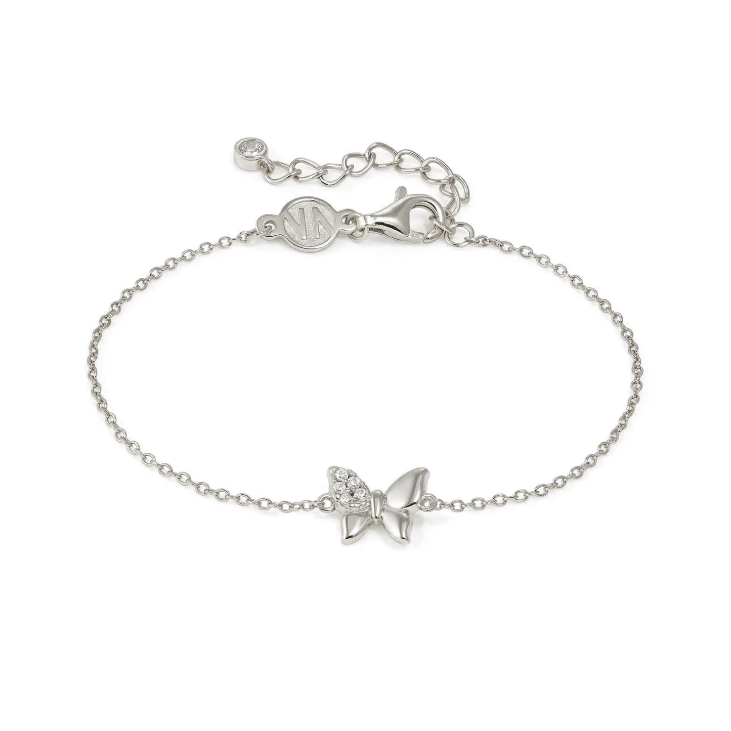 Silver chain bracelet with butterfly charm set with pave CZ stones on one wing