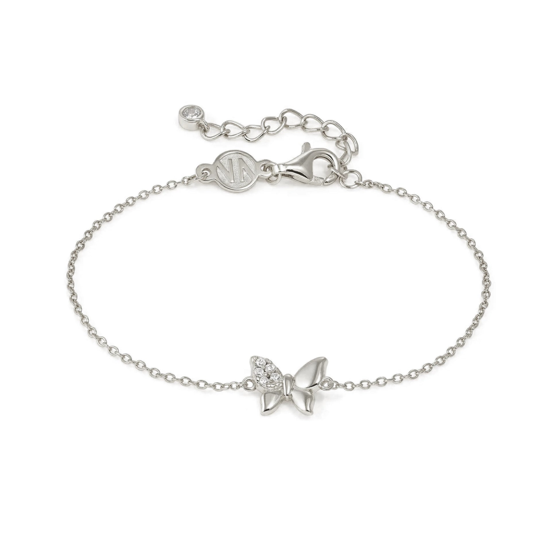 Silver chain bracelet with butterfly charm set with pave CZ stones on one wing
