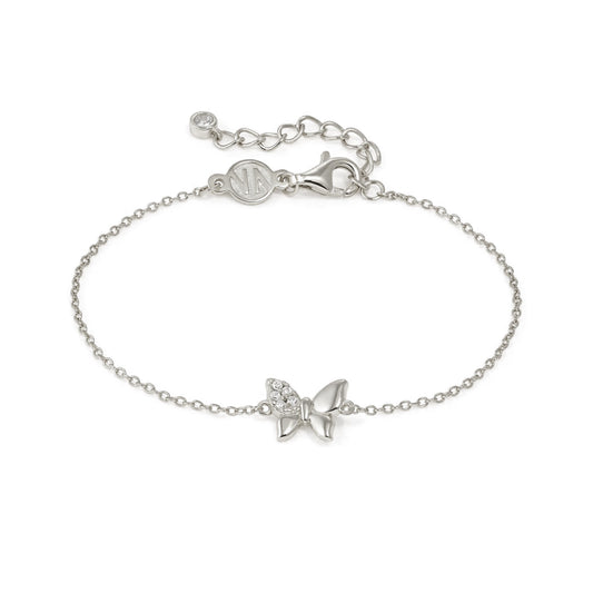 Silver chain bracelet with butterfly charm set with pave CZ stones on one wing