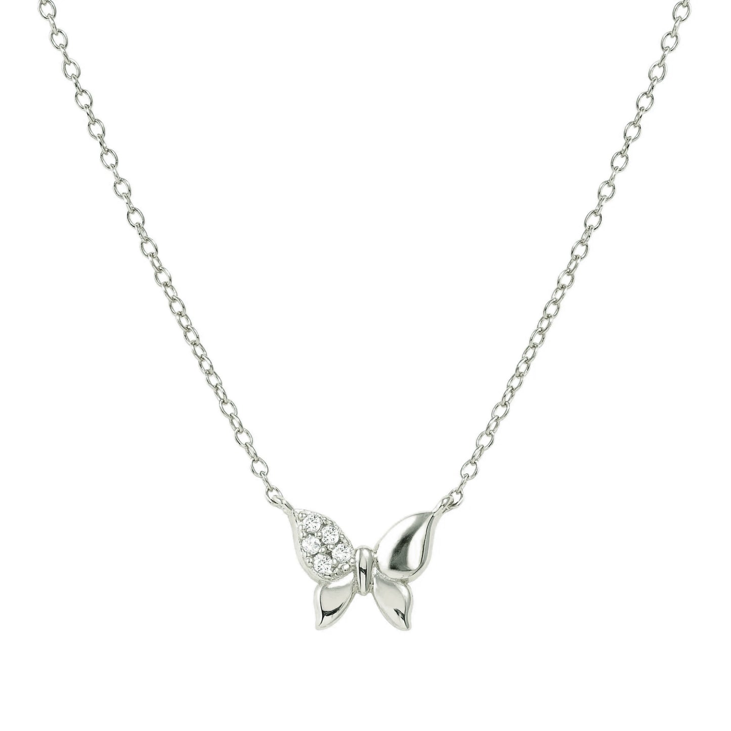 Silver necklace with butterfly pendant set with pave CZ stones on one wing