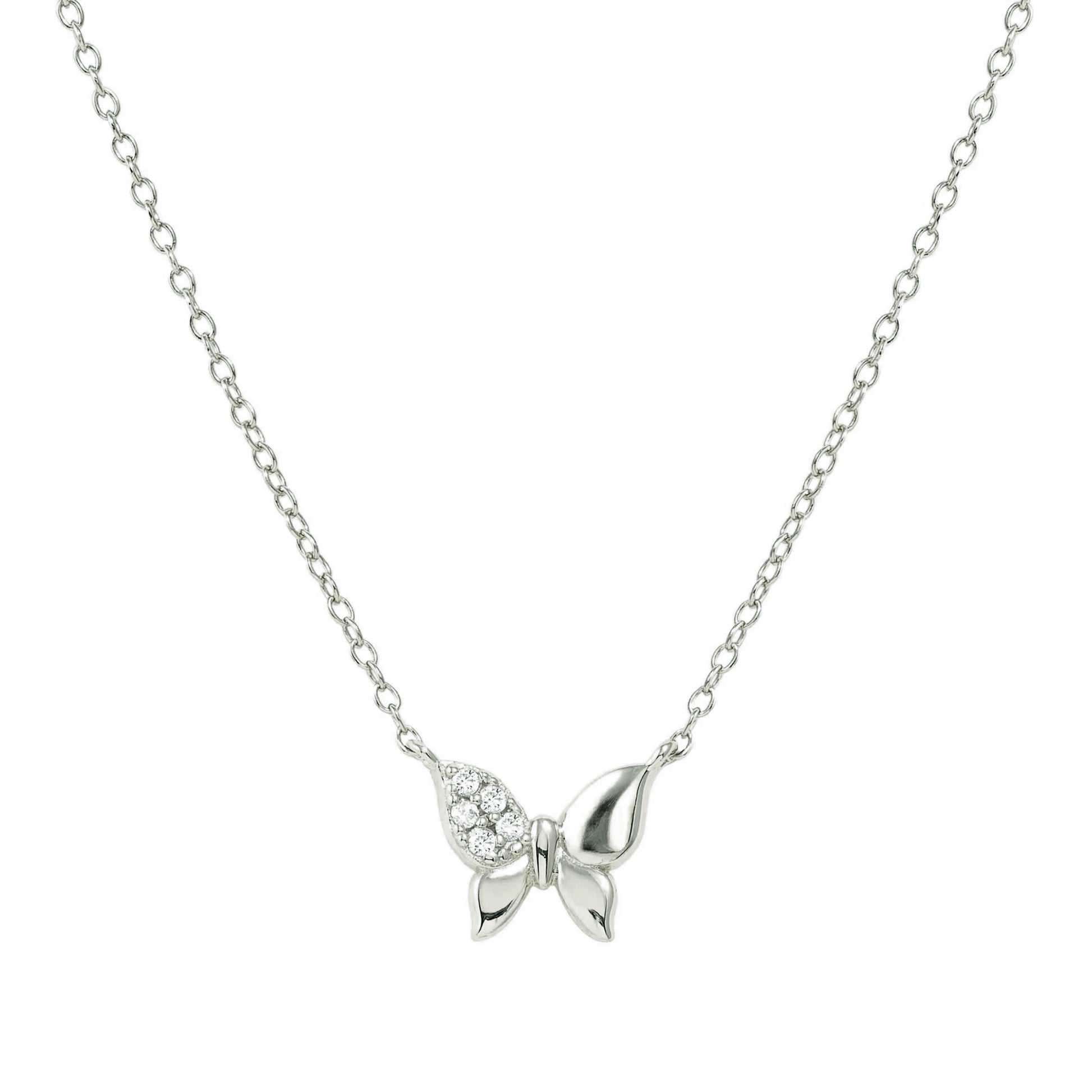 Silver necklace with butterfly pendant set with pave CZ stones on one wing