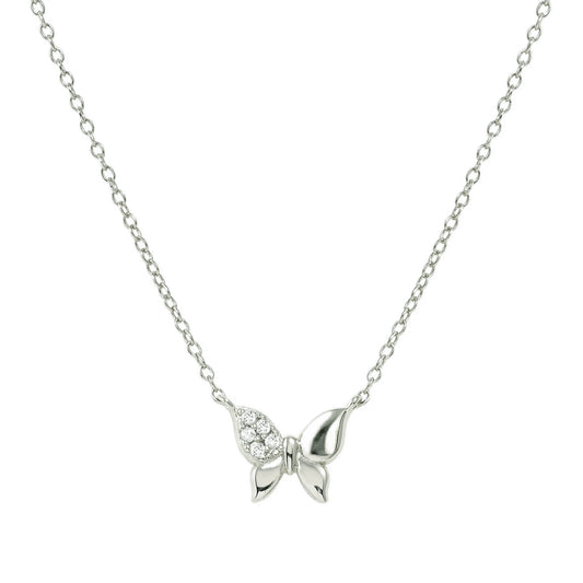 Silver necklace with butterfly pendant set with pave CZ stones on one wing