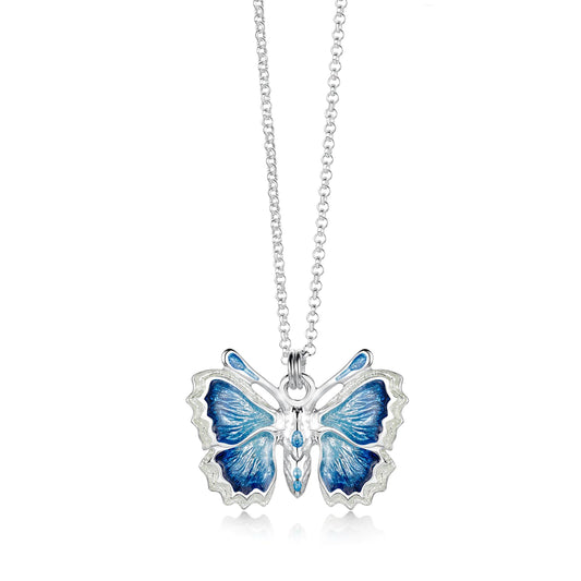Polished silver butterfly pendant with blue enamel and silver chain