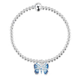 A silver beaded bracelet with a blue enamel butterfly pendant