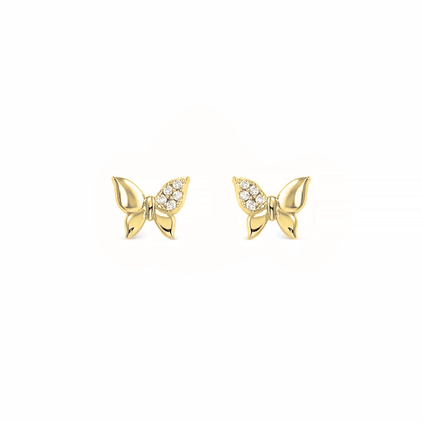 Butterfly shaped gold stud earrings with  pave CZ cluster on one wing