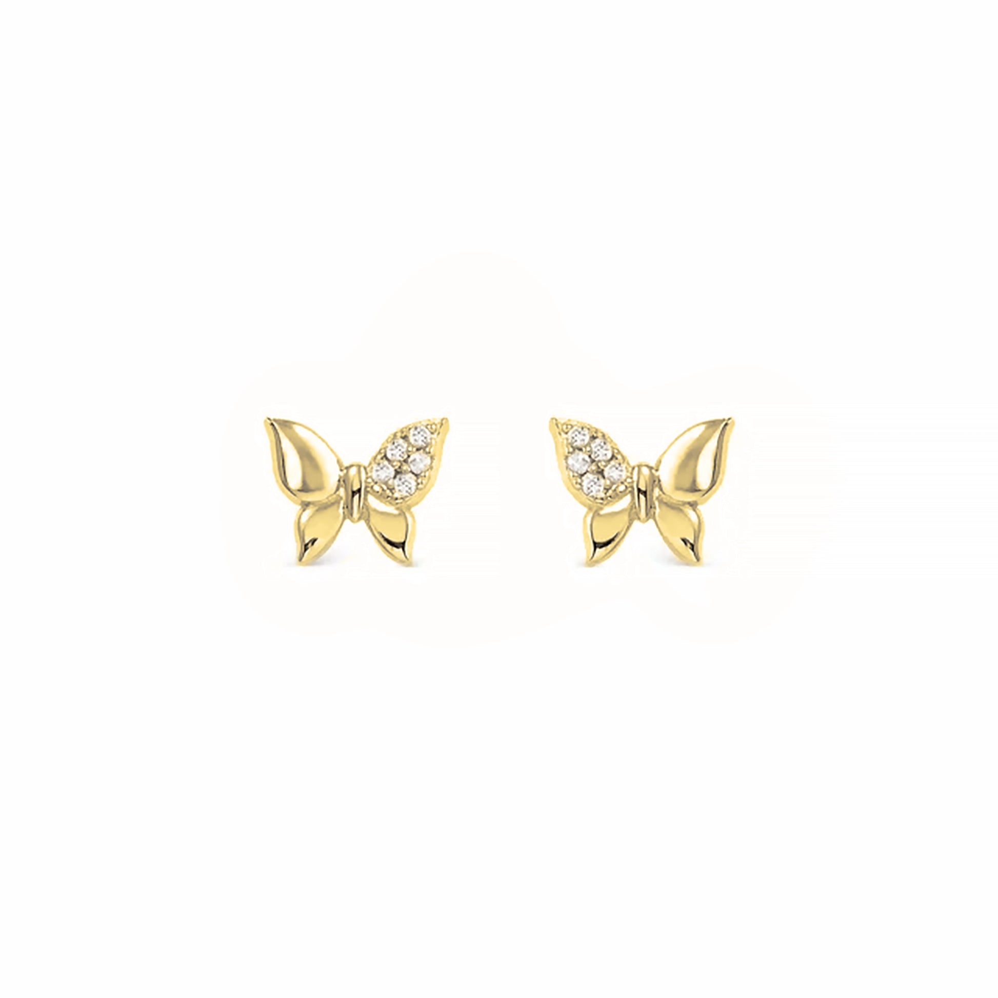 Butterfly shaped gold stud earrings with  pave CZ cluster on one wing