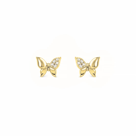 Butterfly shaped gold stud earrings with  pave CZ cluster on one wing