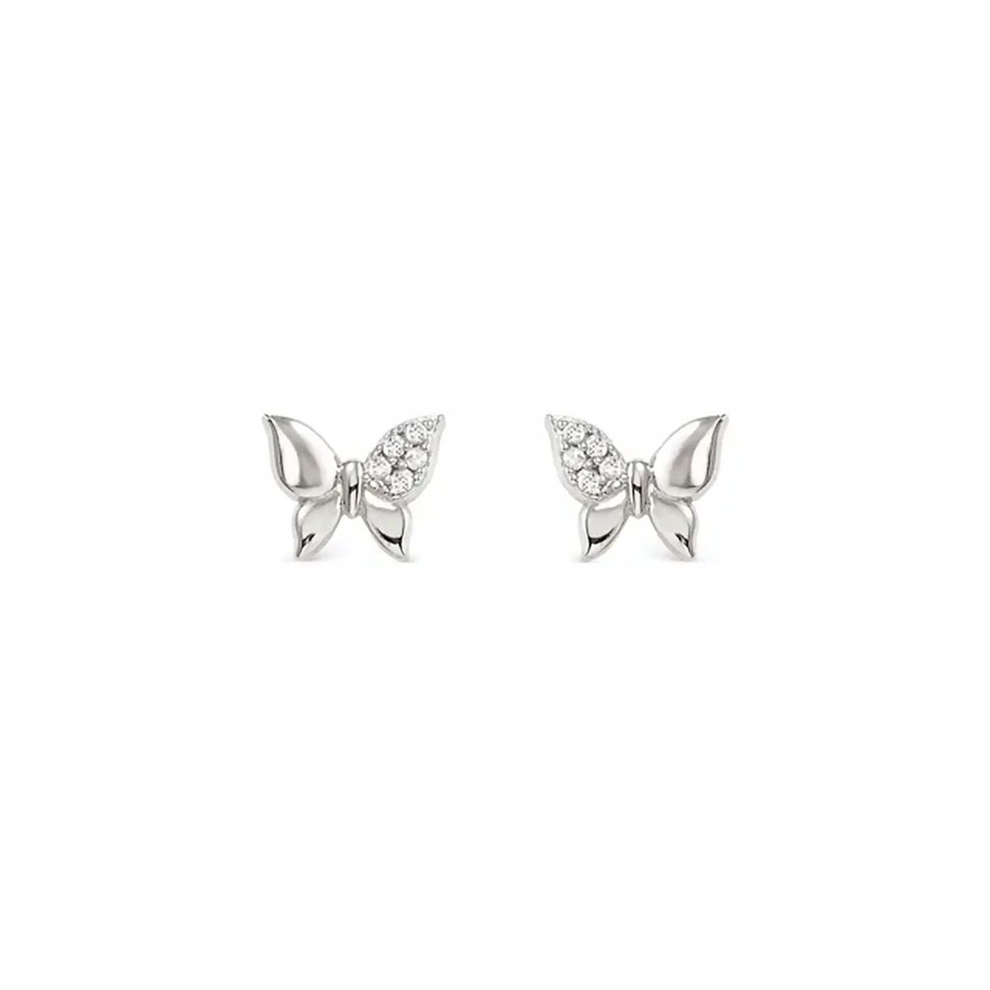 Butterfly shaped silver stud earrings with  pave CZ cluster on one wing