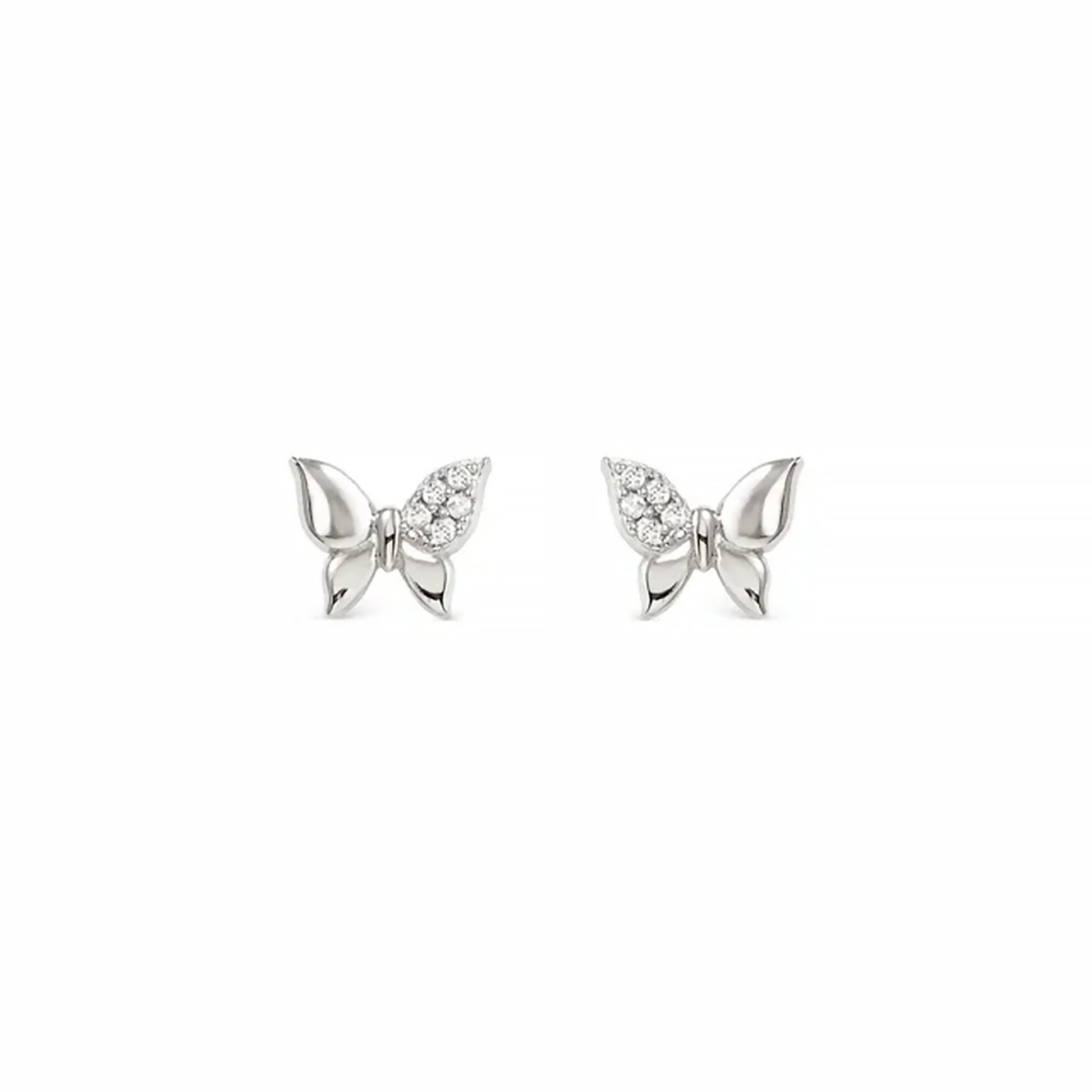 Butterfly shaped silver stud earrings with  pave CZ cluster on one wing