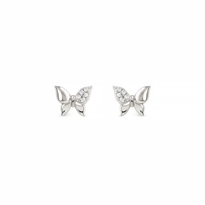 Butterfly shaped silver stud earrings with  pave CZ cluster on one wing