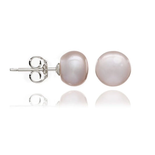 Simple round button shaped pink pearl stud earrings
