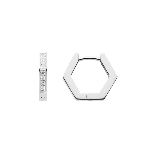 A pair of hexagon shaped hoop stud earrings with CZ stones