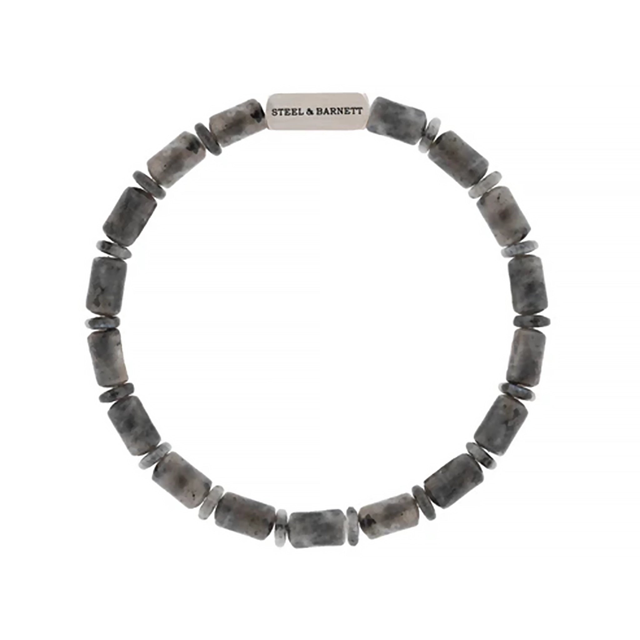 A labradorite stone bracelet with stainless steel brand detail