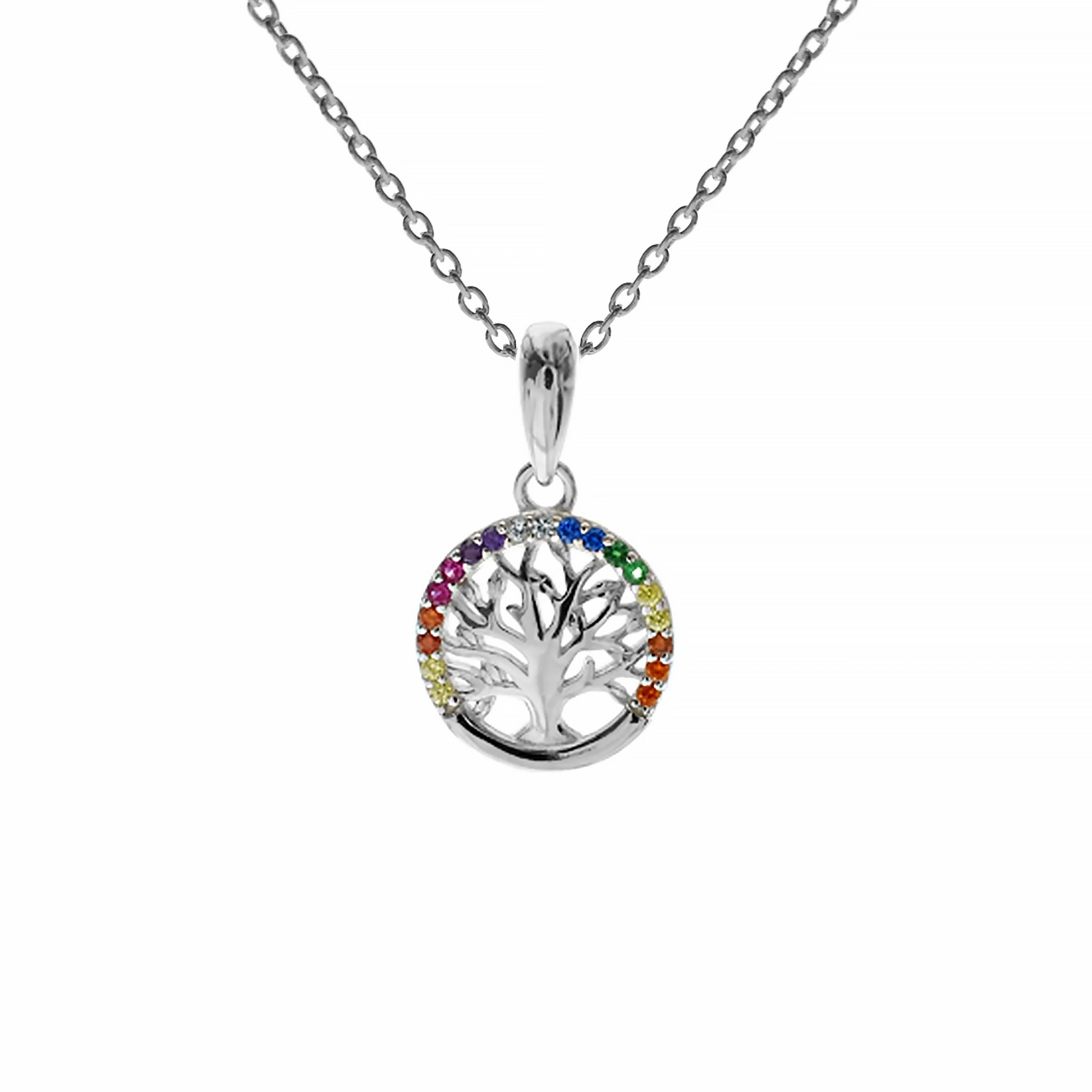 Round rainbow CZ framed silver tree of life pendant on silver chain