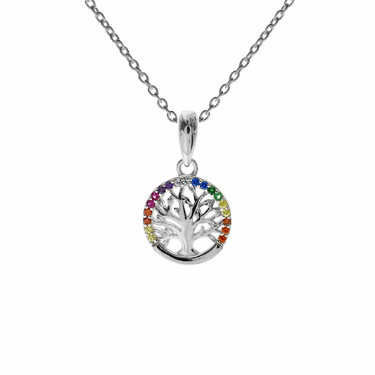 Round rainbow CZ framed silver tree of life pendant on silver chain