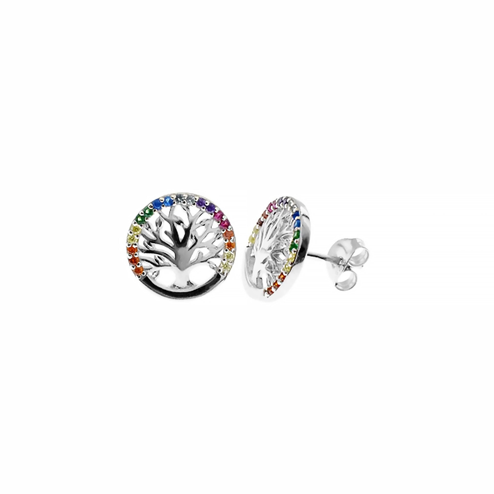 Round rainbow CZ framed silver tree of life stud earrings