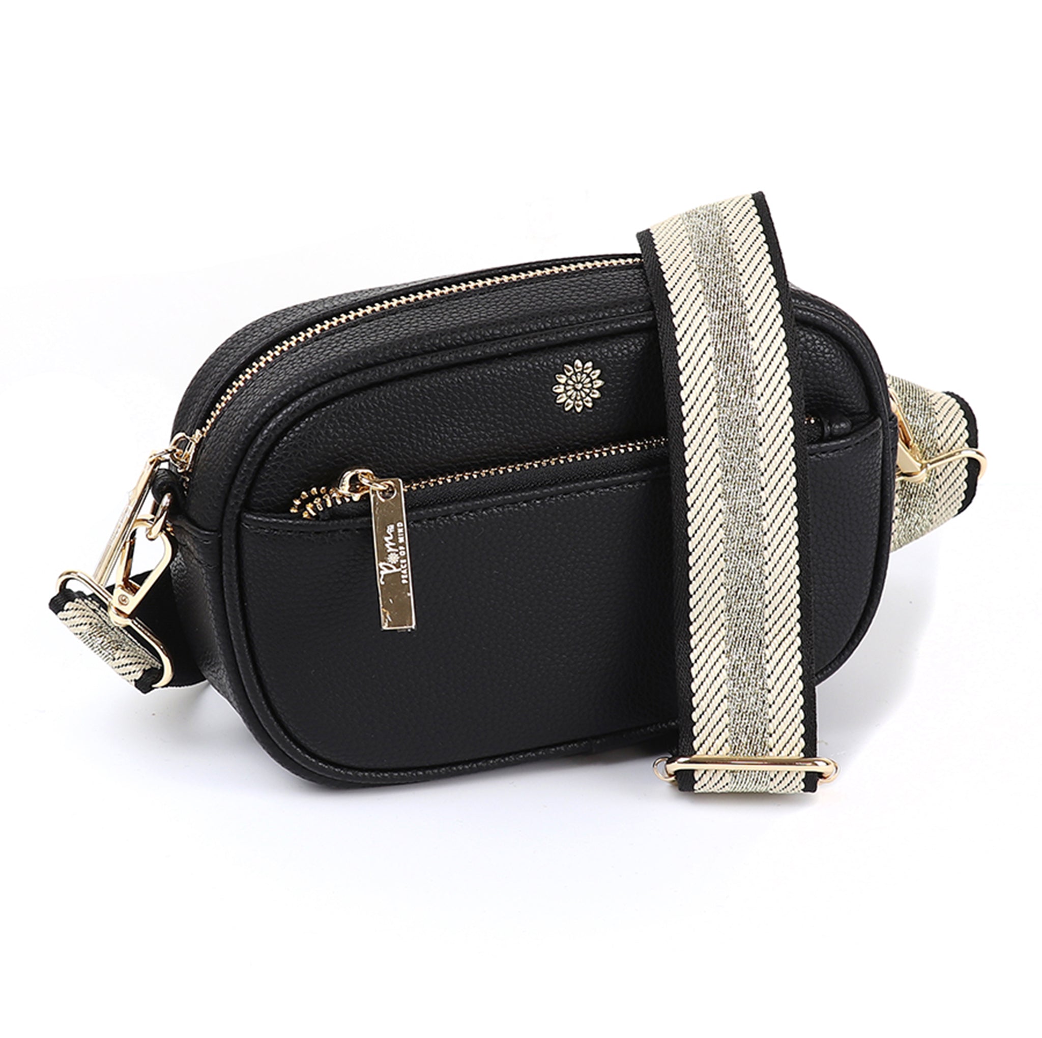 A black vegan leather camera bag with woven strap in black and gold stripes