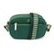 A bright emerald green faux leather camera bag with black, white and green striped woven strap