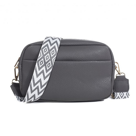 Slate grey camera bag with woven strap featuring a western style design in white and grey 