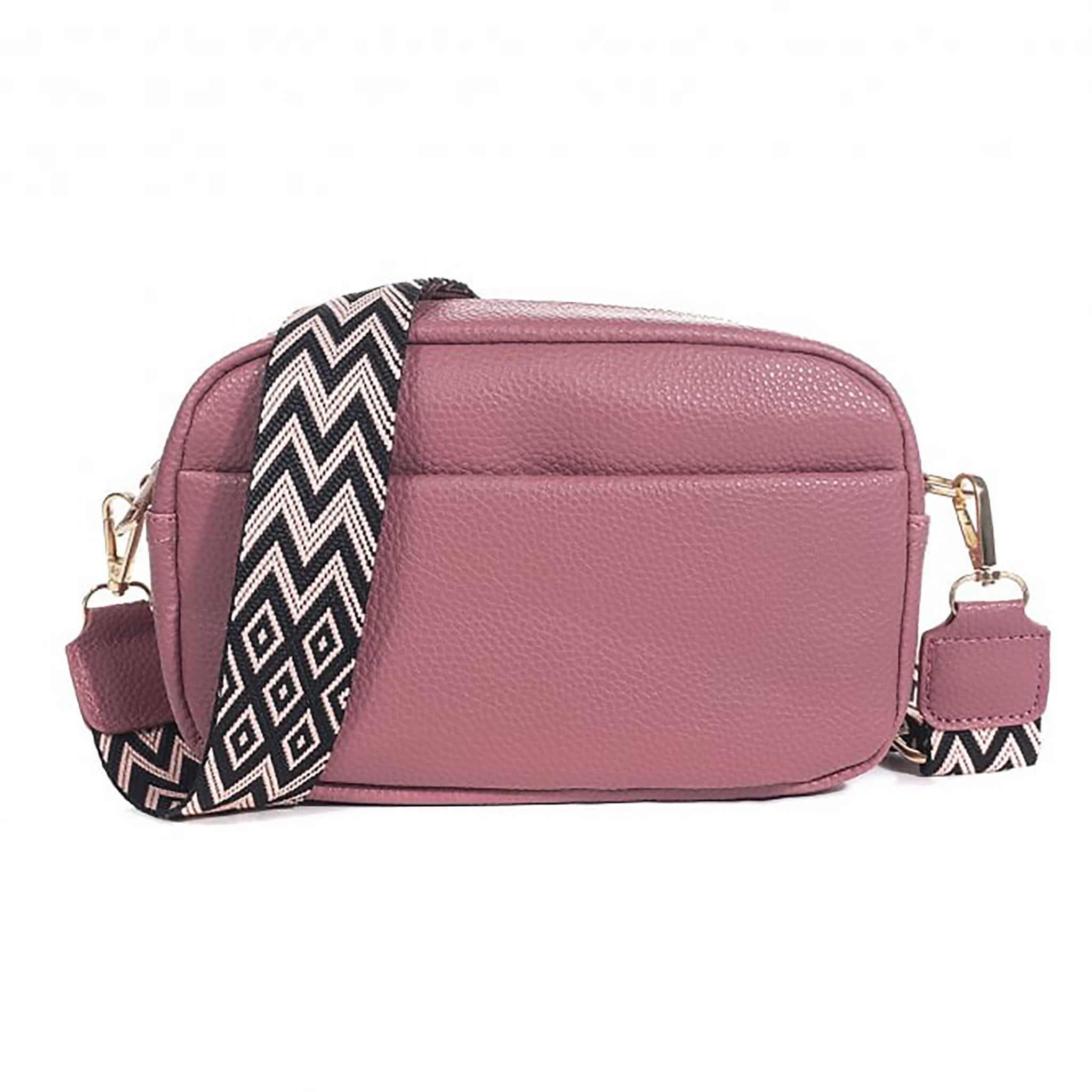 Pink rose camera bag with woven strap featuring a western style design in black and pink