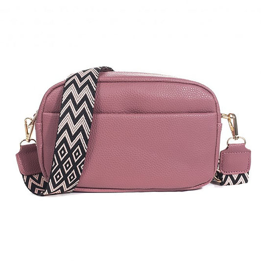 Pink rose camera bag with woven strap featuring a western style design in black and pink