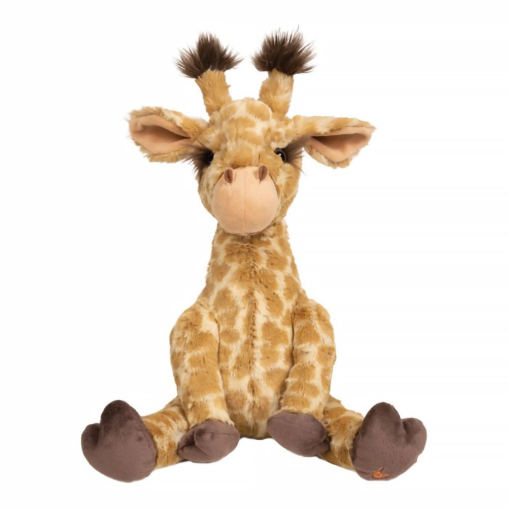 A stuffed giraffe plush toy with the Wrendale logo embroidered on the bottom of its foot