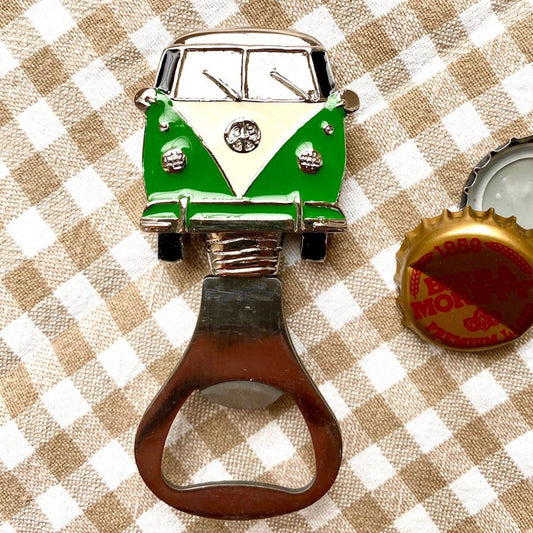 An enamelled campervan bottle opener in green and white