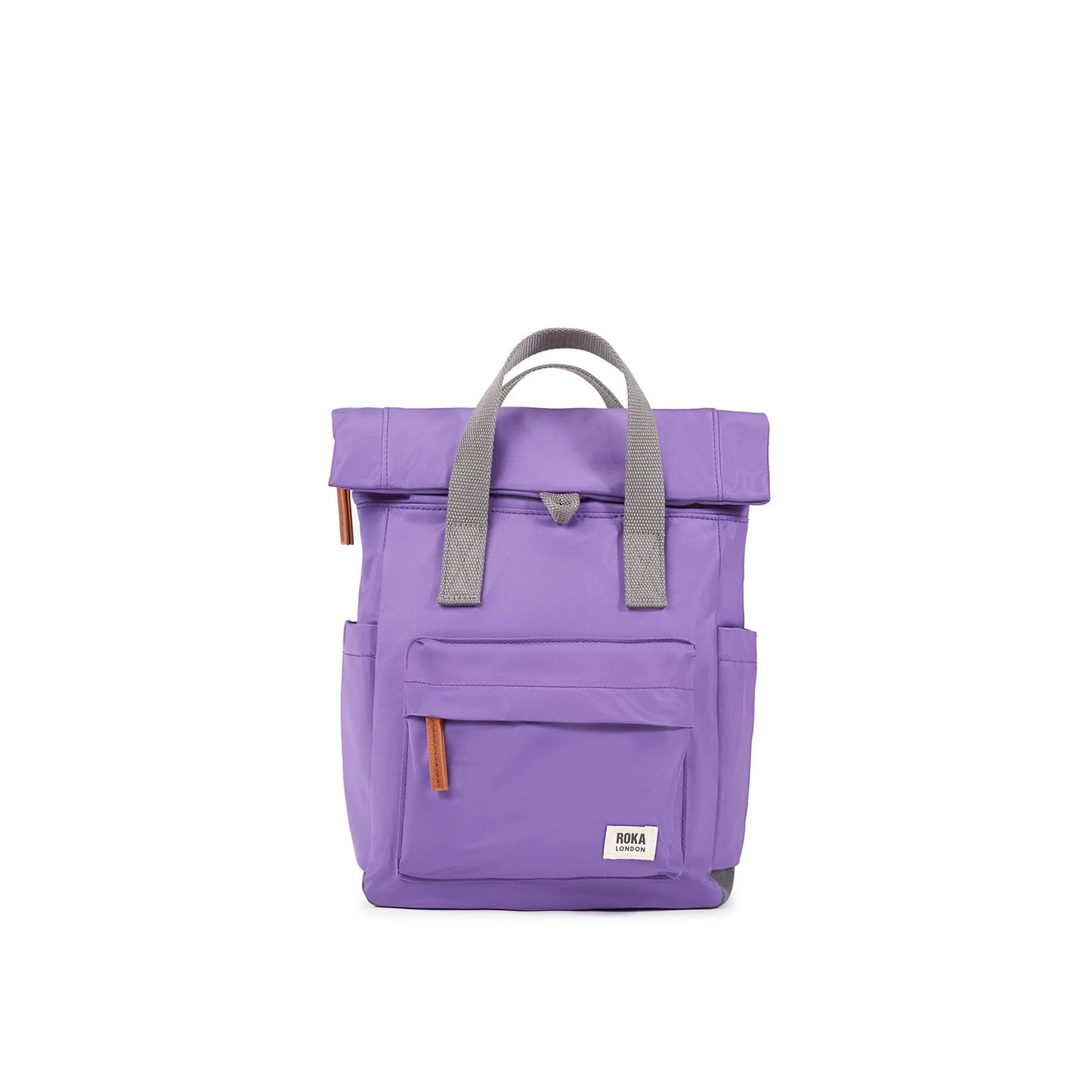 Purple rolltop backpack with grey grab handles