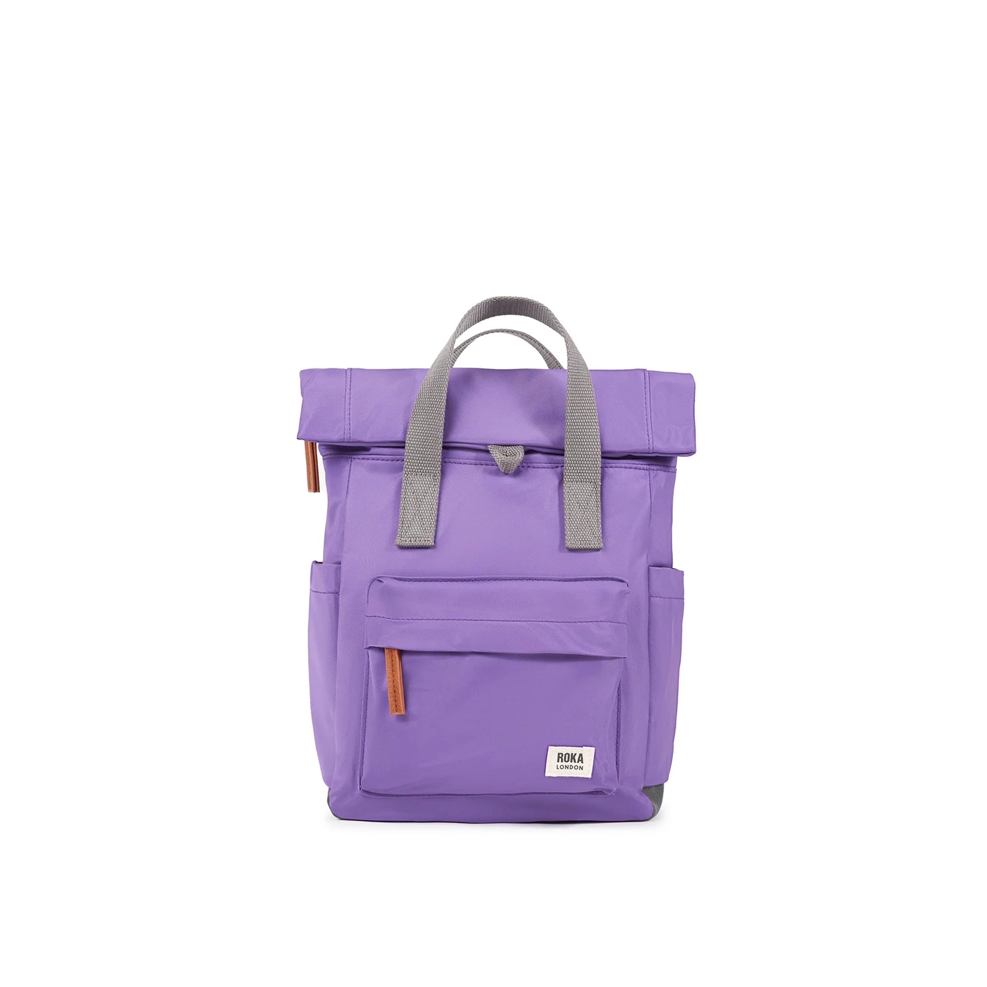 Purple rolltop backpack with grey grab handles