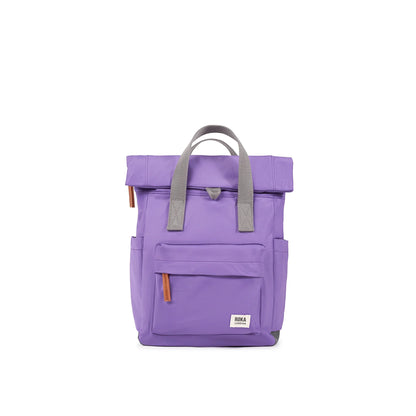 Purple rolltop backpack with grey grab handles