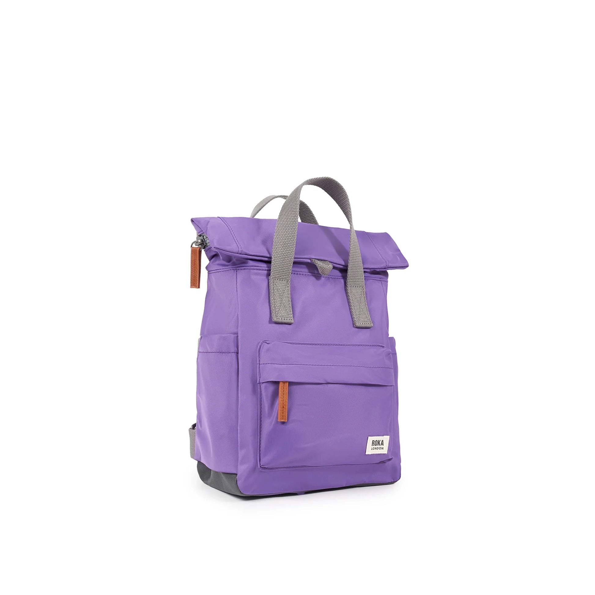 Purple rolltop backpack with grey grab handles side view