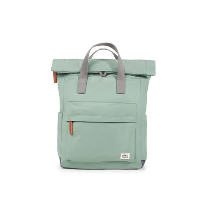 Mint green rolltop backpack with grey grab handles