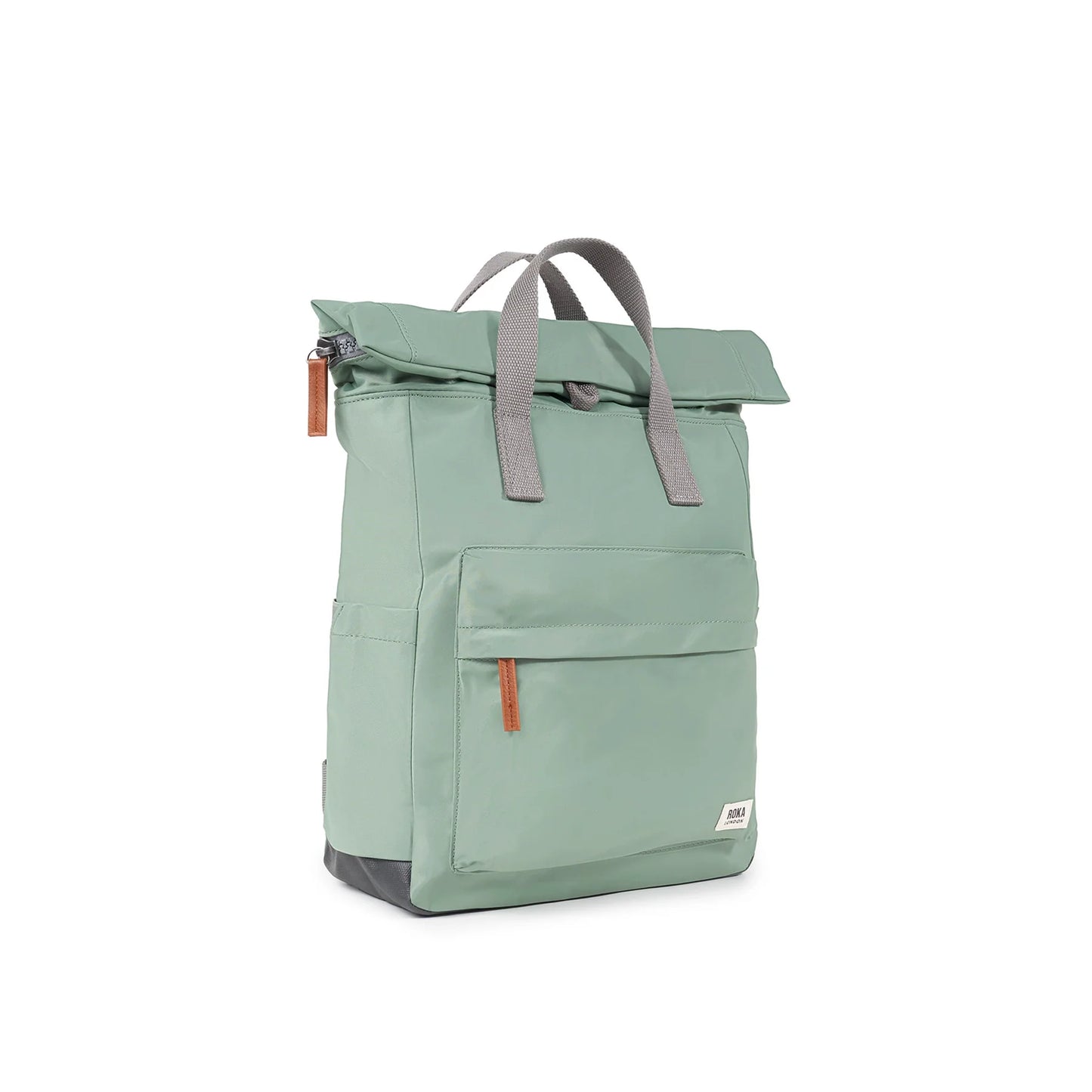 Mint green rolltop backpack with grey grab handles side view