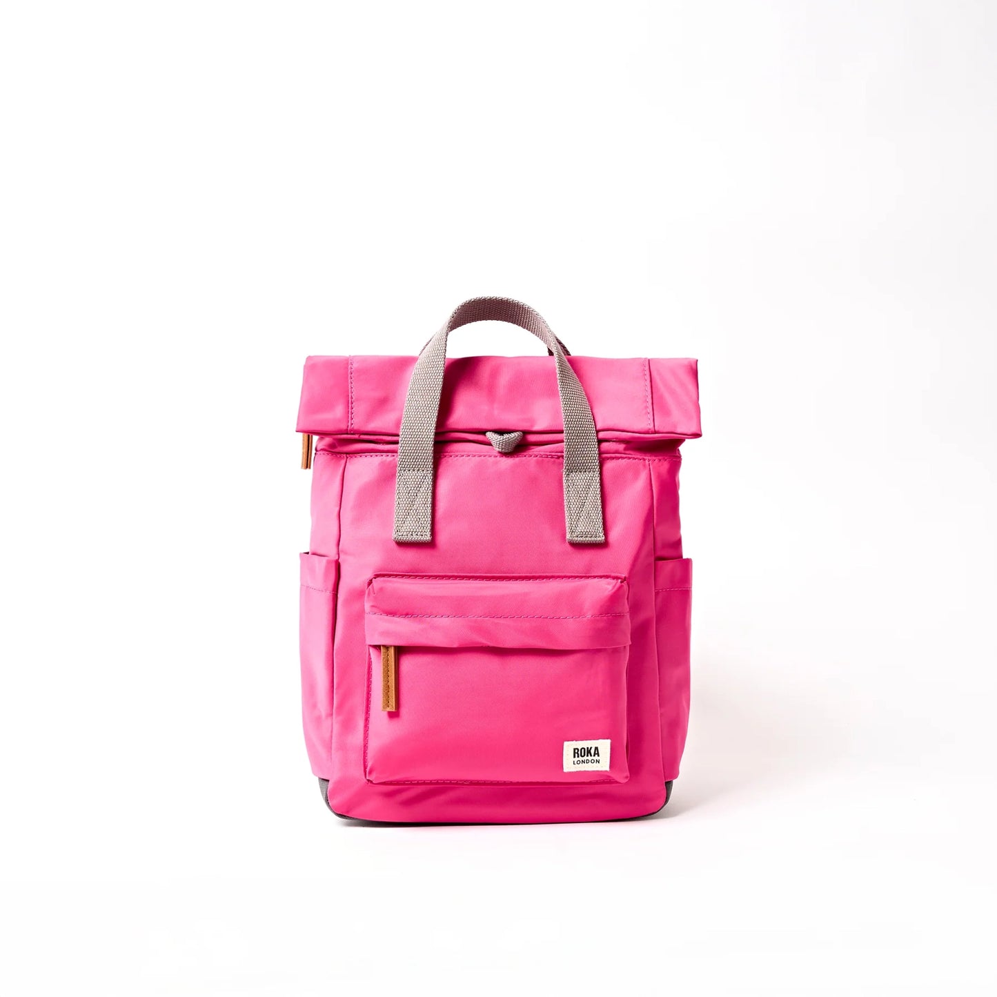 Bright pink hiking roll top backpack with grey handle
