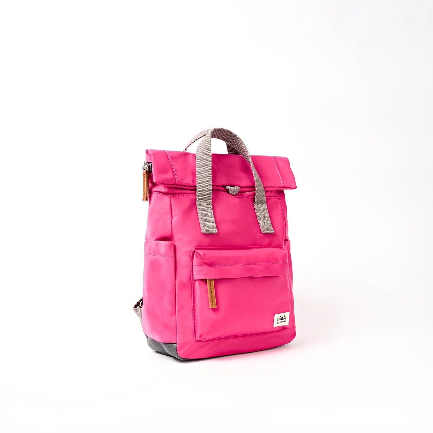 Bright pink hiking roll top backpack with grey handle side