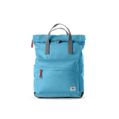 Light blue rolltop backpack with grey grab handles