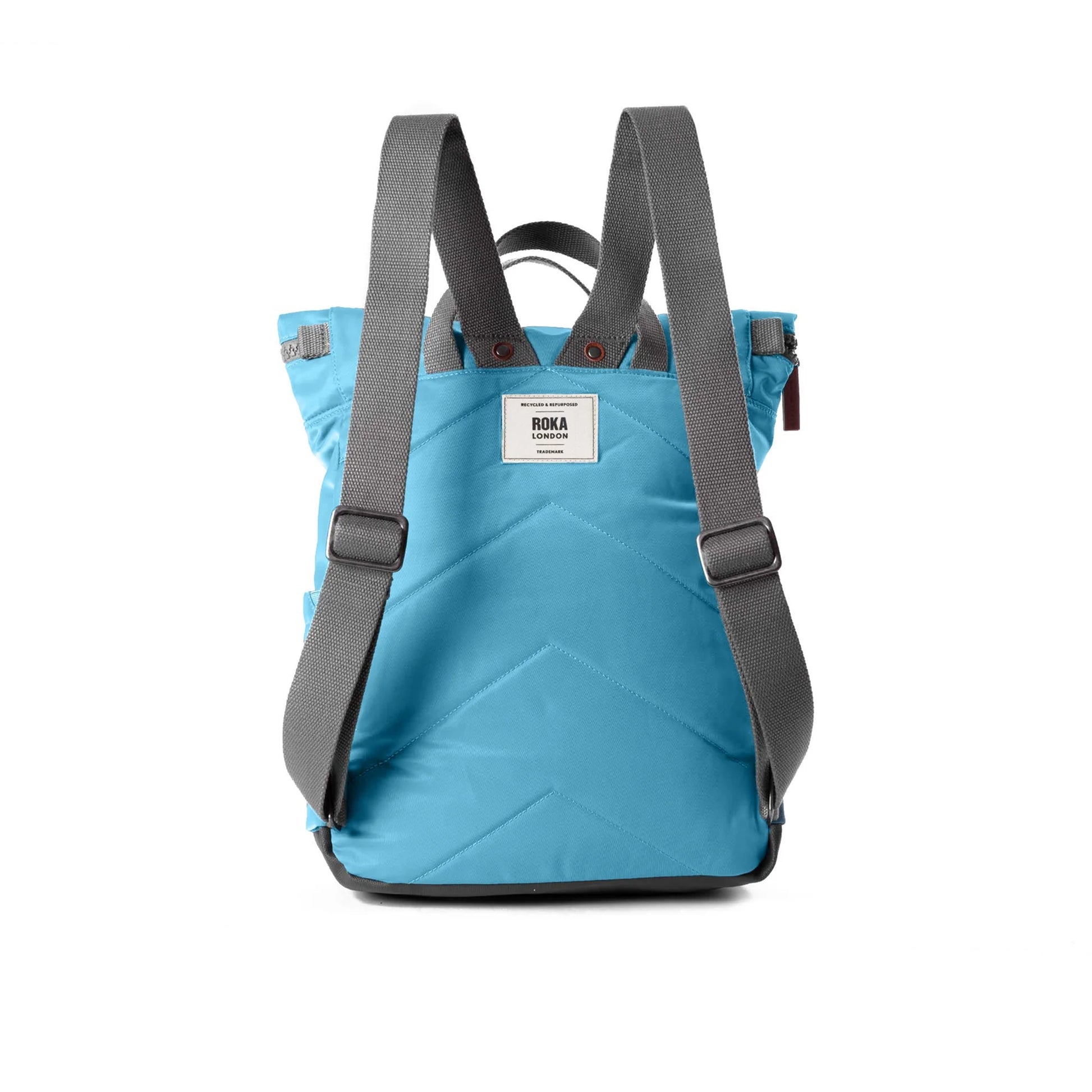 Light blue rolltop backpack with grey adjustable shoulder backpack handles