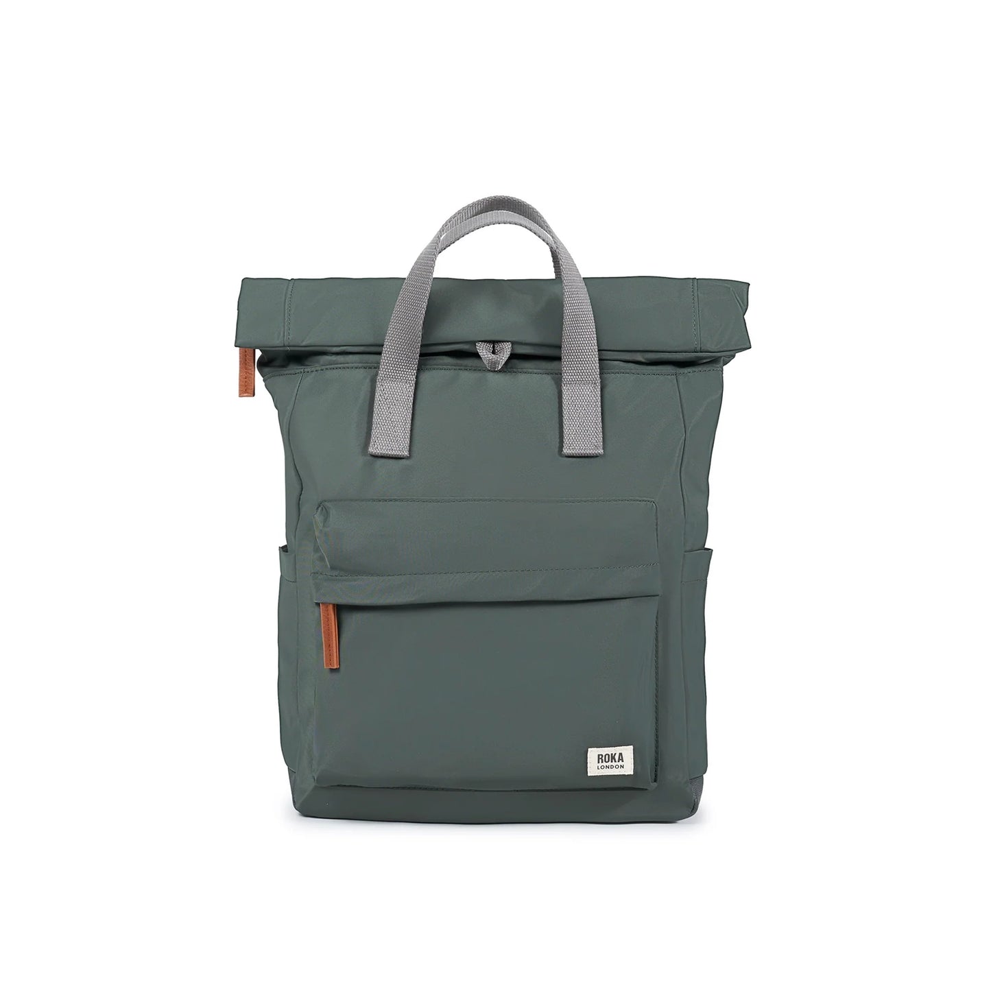 Grey green rolltop backpack with grey grab handles