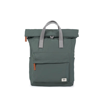 Grey green rolltop backpack with grey grab handles