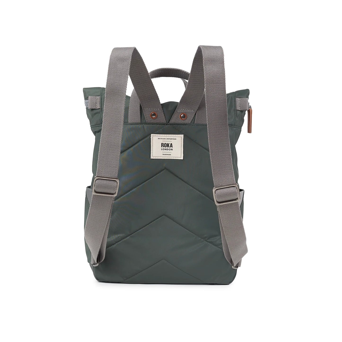 Grey green rolltop backpack with grey adjustable shoulder backpack straps