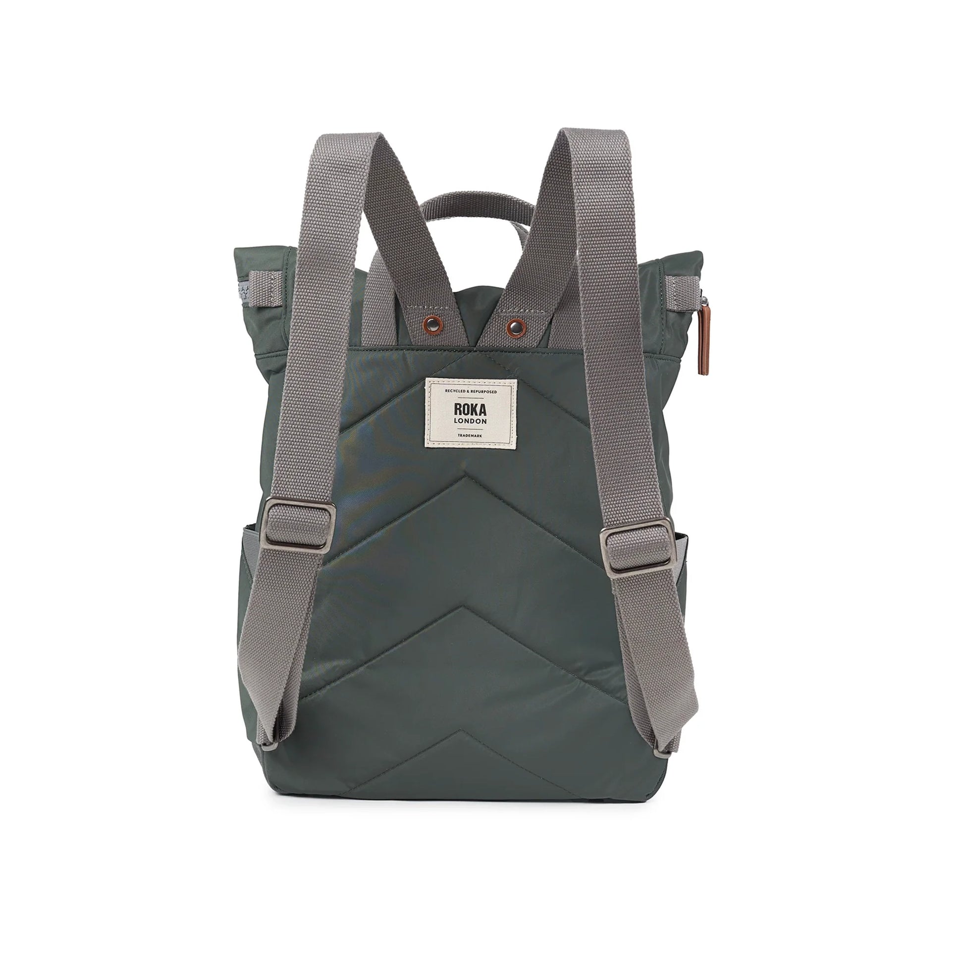 Grey green rolltop backpack with grey adjustable shoulder backpack straps